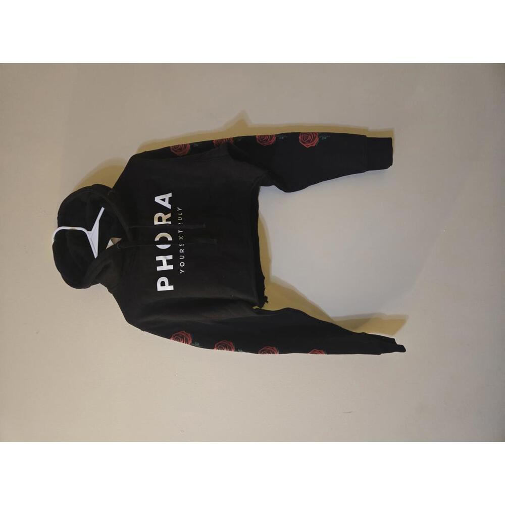 Phora Black Cropped Hoodie with Rose Sleeve Prints